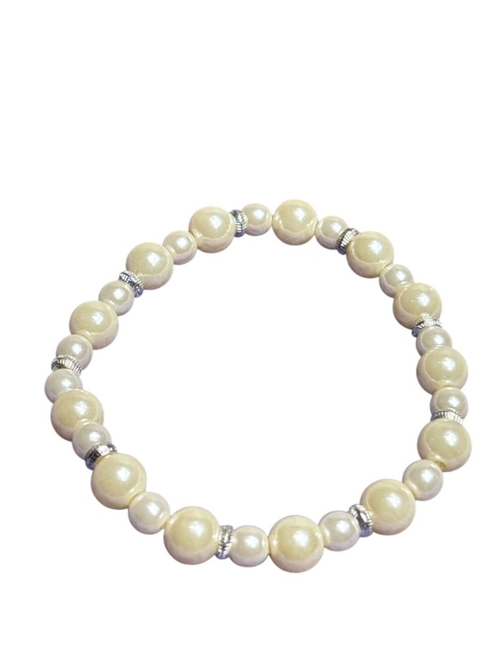Plastic Faux Pearl Silvertone Beaded Roll On Bracelet 6.75 inches